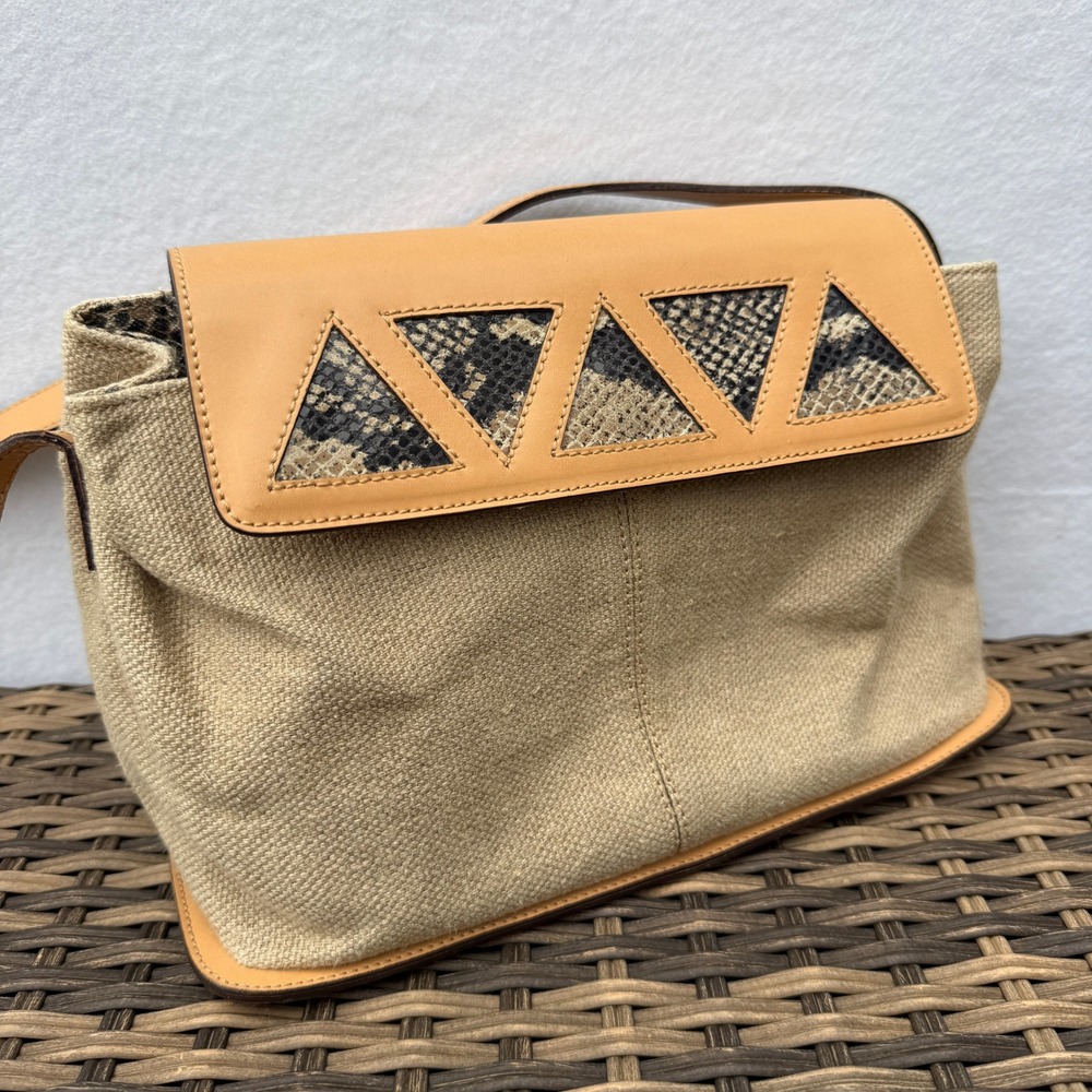 Cristian Made in Italy Linen Shoulder Bag Tan Leather Snake Print Flap